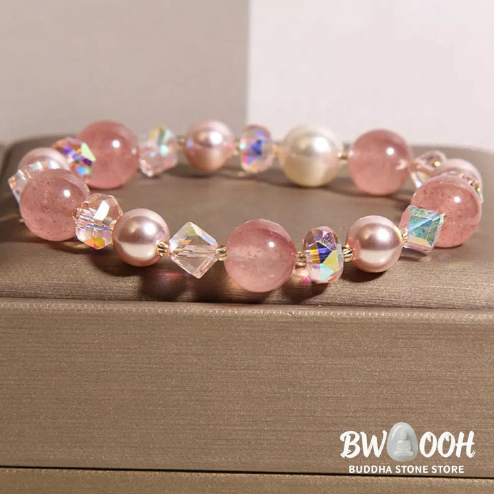 Buddha Stones Natural Strawberry Quartz White Crystal Pearl Positive Bracelet - Strawberry Quartz(Wrist