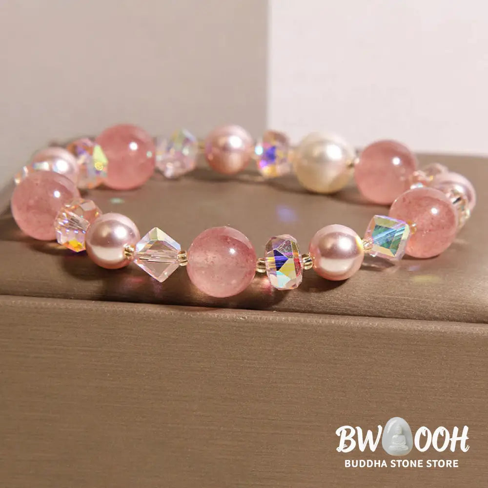 Buddha Stones Natural Strawberry Quartz White Crystal Pearl Positive Bracelet - Strawberry Quartz(Wrist