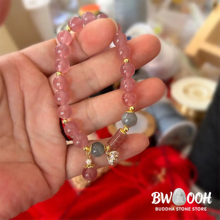 Buddha Stones Natural Strawberry Quartz Zircon Flower Positive Charm Bracelet - BWOOOH - Strawberry