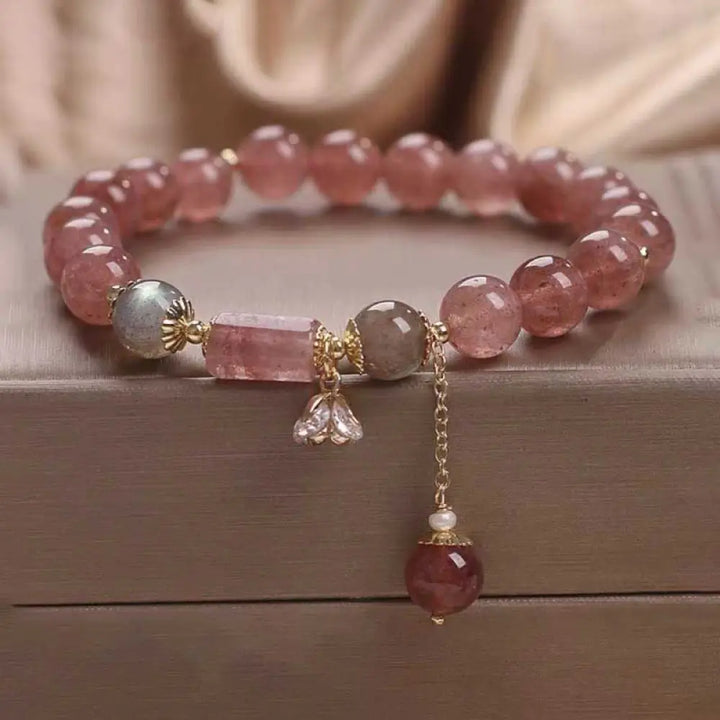 BWOOOH Natural Strawberry Quartz Zircon Flower Positive Charm Bracelet - BWOOOH - Strawberry