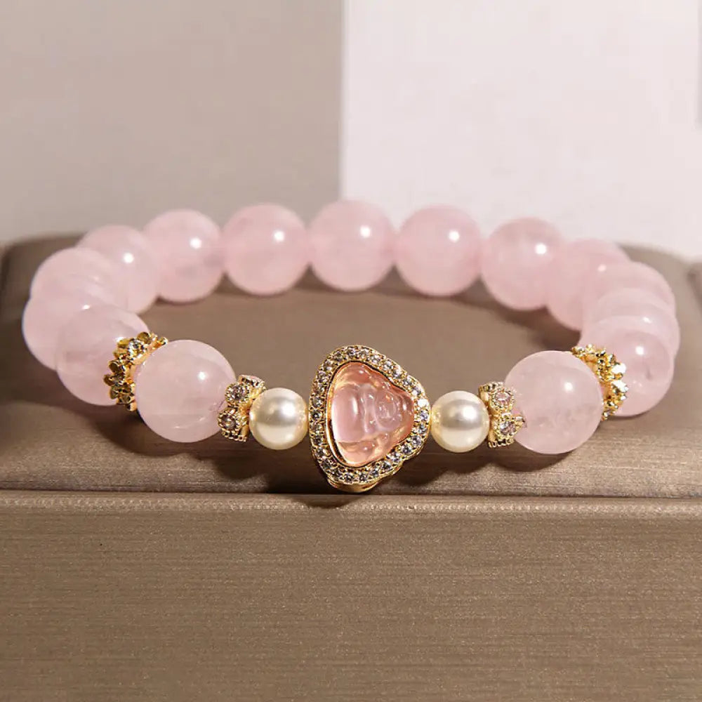 Buddha Stones Natural Buddha Symbol Pink Crystal Pearl Warmth Bracelet - Pink Crystal(Wrist Circumference:15-17cm)