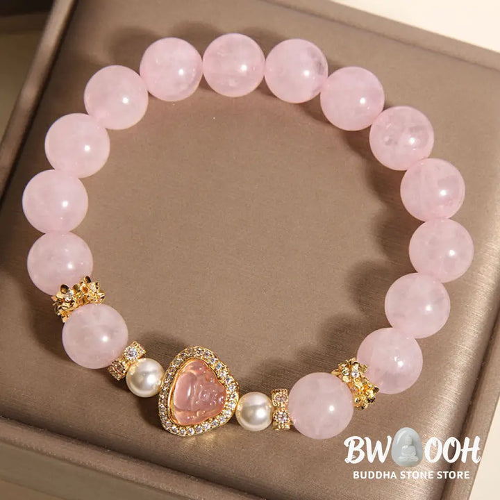 Buddha Stones Natural Buddha Symbol Pink Crystal Pearl Warmth Bracelet - Pink Crystal(Wrist Circumference:15-17cm)