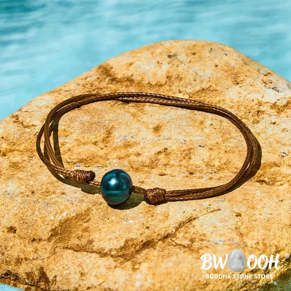 Buddha Stones Natural Tahitian Black Pearl Bead Wax Rope Healing Bracelet - BWOOOH - Pearl(Wrist Circumference: