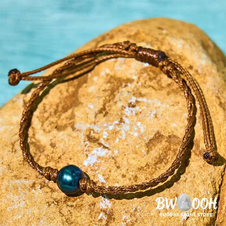 Buddha Stones Natural Tahitian Black Pearl Bead Wax Rope Wisdom Bracelet - BWOOOH - Pearl(Wrist Circumference: 14-19cm)