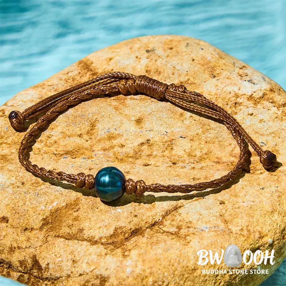 Buddha Stones Natural Tahitian Black Pearl Bead Wax Rope Wisdom Bracelet - BWOOOH - Pearl(Wrist Circumference: 14-19cm)