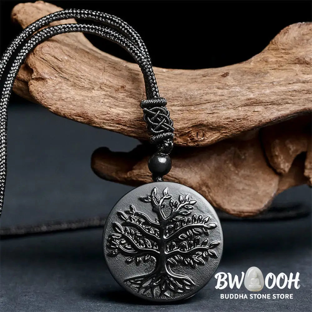 Buddha Stones Natural The Tree of Life Pattern Black Obsidian Transformation Necklace Pendant - BWOOOH - Black