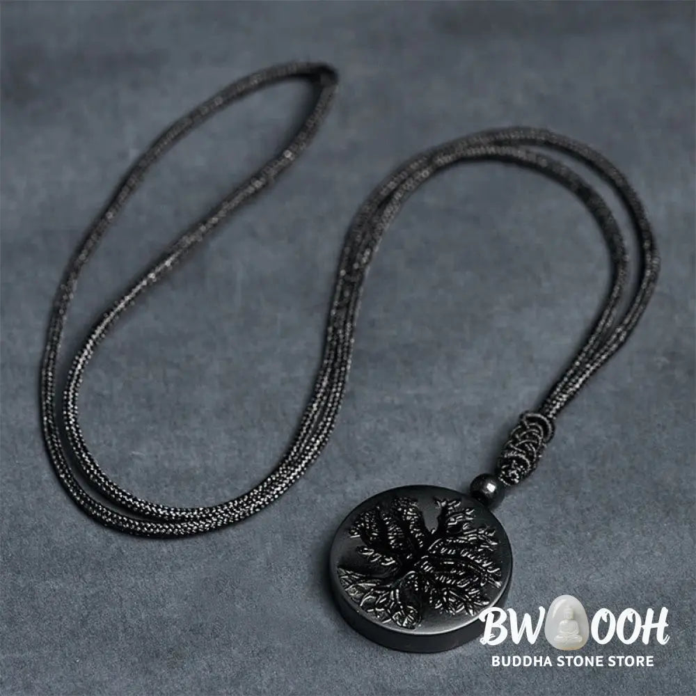Buddha Stones Natural The Tree of Life Pattern Black Obsidian Transformation Necklace Pendant - BWOOOH - Black