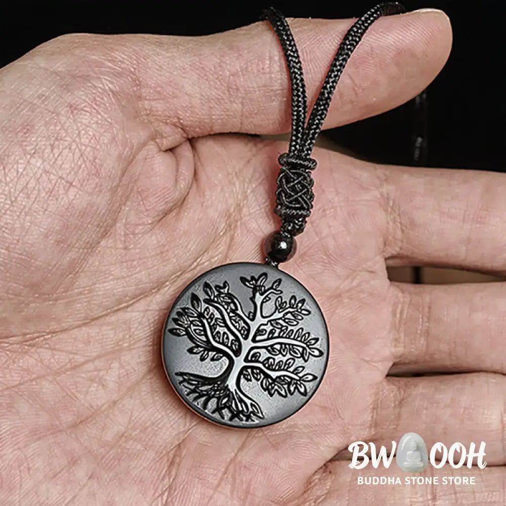 Buddha Stones Natural The Tree of Life Pattern Black Obsidian Transformation Necklace Pendant - BWOOOH - Black
