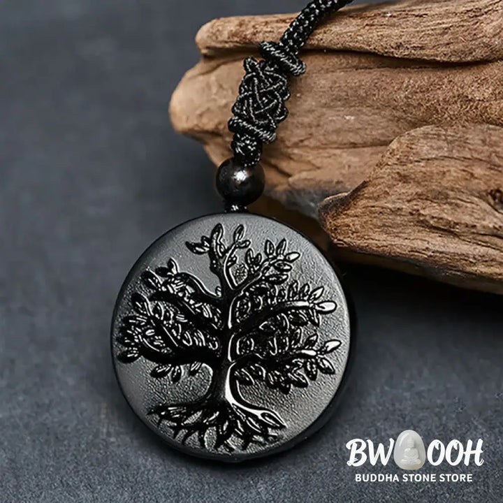 Buddha Stones Natural The Tree of Life Pattern Black Obsidian Transformation Necklace Pendant - BWOOOH - Black