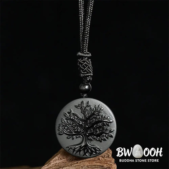 Buddha Stones Natural The Tree of Life Pattern Black Obsidian Transformation Necklace Pendant - BWOOOH - Black