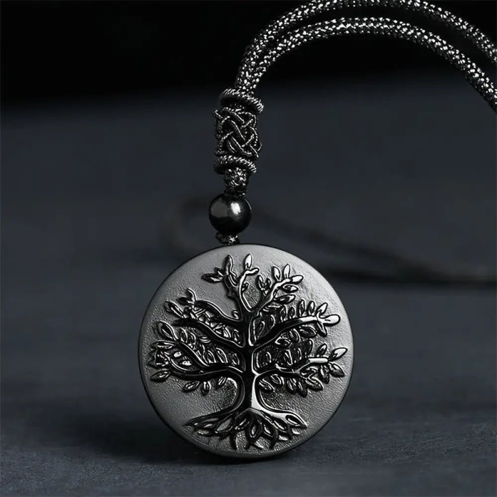 Buddha Stones Natural The Tree of Life Pattern Black Obsidian Transformation Necklace Pendant - BWOOOH - Black