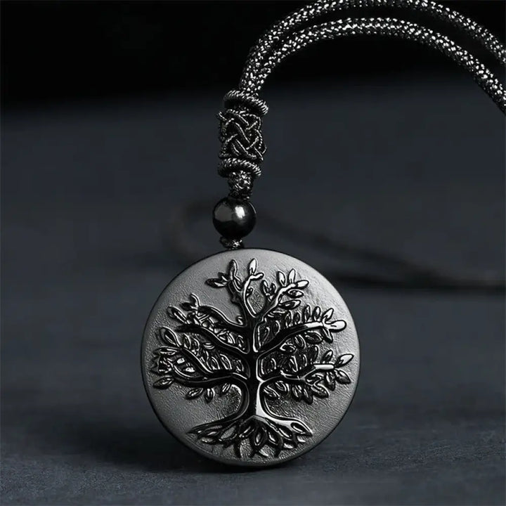 Buddha Stones Natural The Tree of Life Pattern Black Obsidian Transformation Necklace Pendant - BWOOOH - Black