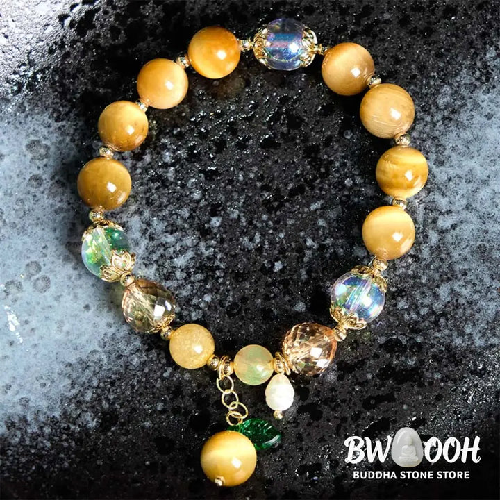 Buddha Stones Natural Tiger Eye Beads Green Leaf Courage Bracelet - BWOOOH - Tiger Eye(Wrist Circumference: 14-18cm)