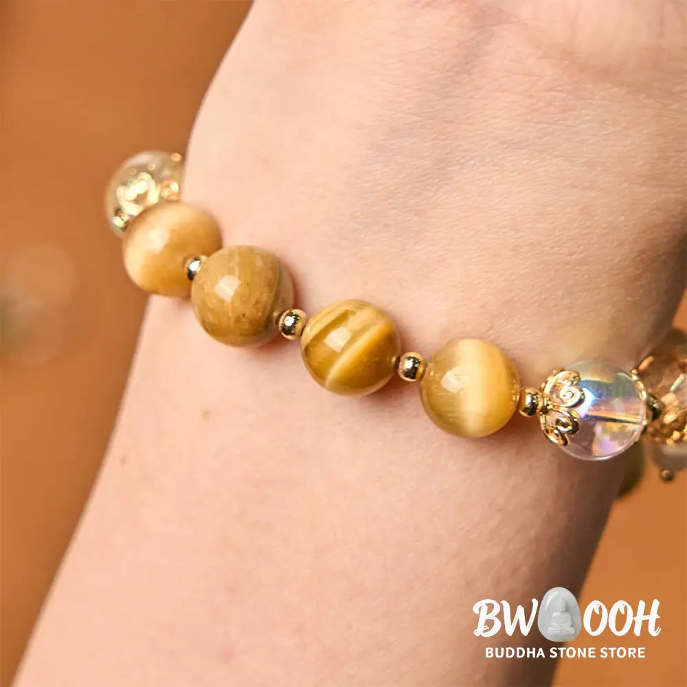 Buddha Stones Natural Tiger Eye Beads Green Leaf Courage Bracelet - BWOOOH - Tiger Eye(Wrist Circumference: 14-18cm)