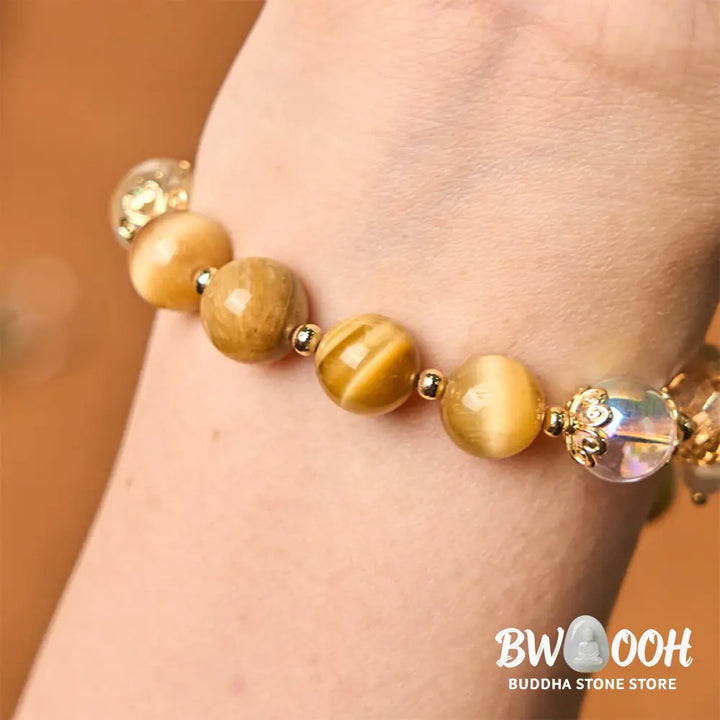 Buddha Stones Natural Tiger Eye Beads Green Leaf Courage Bracelet - BWOOOH - Tiger Eye(Wrist Circumference: 14-18cm)