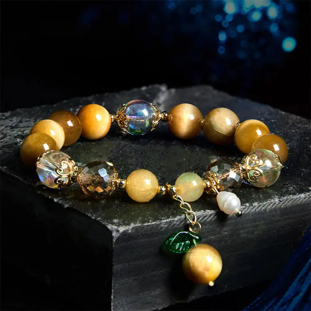 BWOOOH Natural Tiger Eye Beads Green Leaf Courage Bracelet — Tiger Eye crystal healing bracelet for spiritual healing and ...