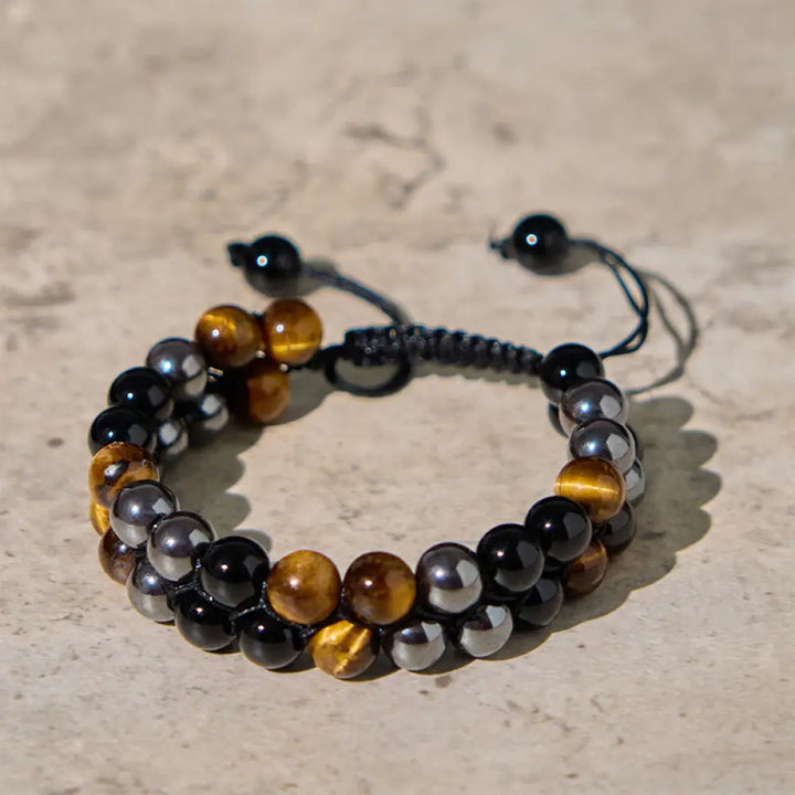 BWOOOH Natural Tiger Eye Black Magnetite Black Onyx Double Row Beads Protection Bracelet — Tiger Eye crystal healing brace...