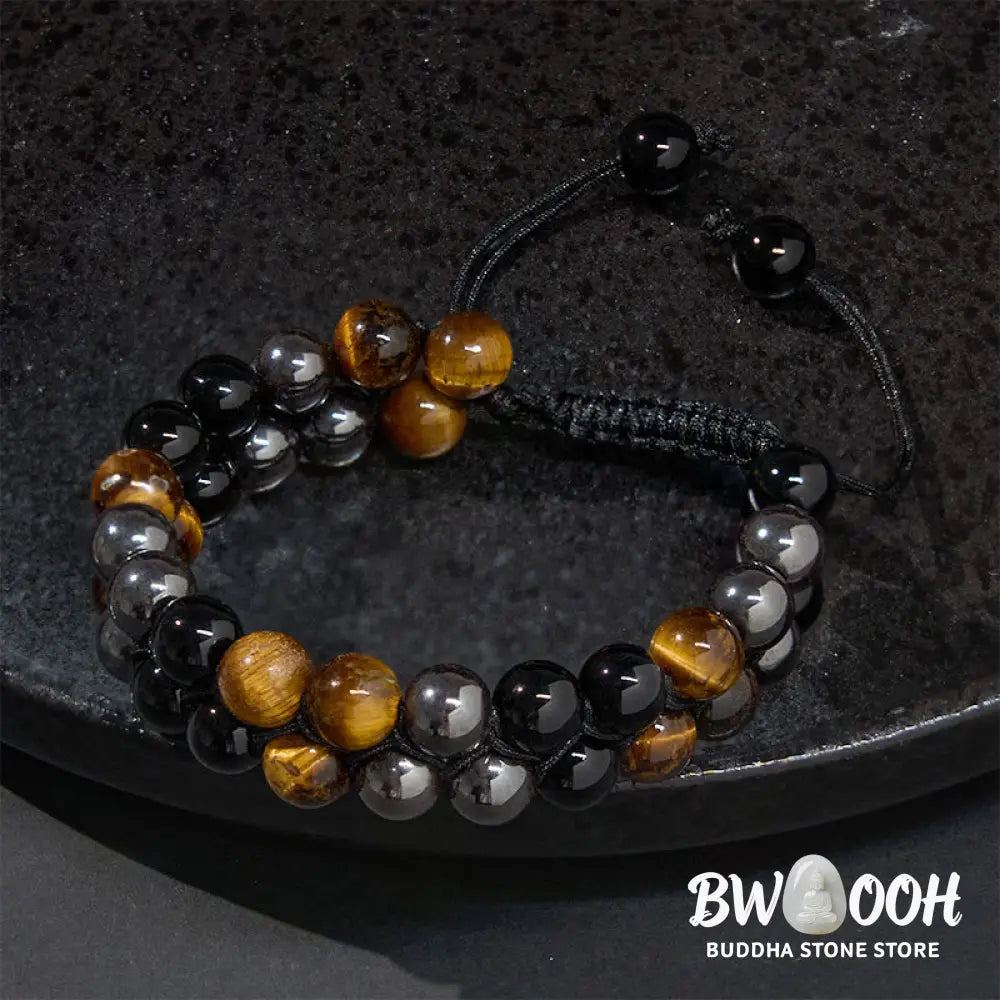 Buddha Stones Natural Tiger Eye Black Magnetite Black Onyx Double Row Beads Protection Bracelet - BWOOOH - Tiger