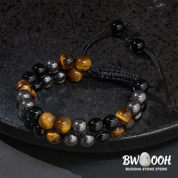 Buddha Stones Natural Tiger Eye Black Magnetite Black Onyx Double Row Beads Protection Bracelet - BWOOOH - Tiger