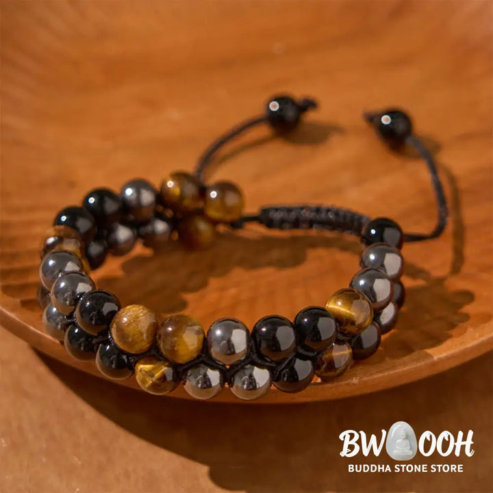 Buddha Stones Natural Tiger Eye Black Magnetite Black Onyx Double Row Beads Protection Bracelet - BWOOOH - Tiger