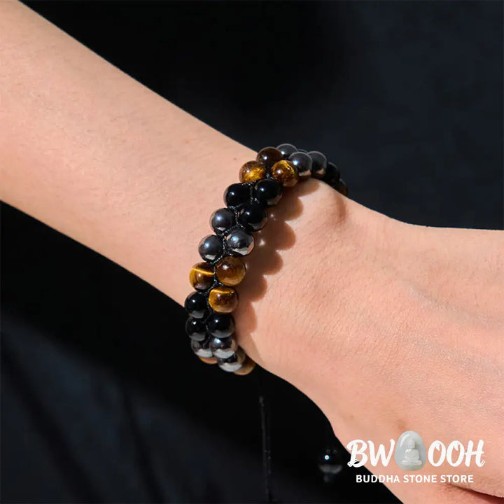 Buddha Stones Natural Tiger Eye Black Magnetite Black Onyx Double Row Beads Protection Bracelet - BWOOOH - Tiger