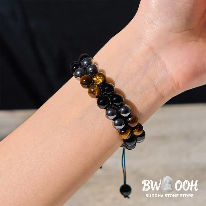Buddha Stones Natural Tiger Eye Black Magnetite Black Onyx Double Row Beads Protection Bracelet - BWOOOH - Tiger