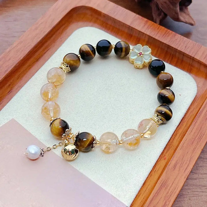 BWOOOH Natural Tiger Eye Citrine Beads Flower Bell Courage Bracelet — Tiger Eye crystal healing bracelet for spiritual hea...