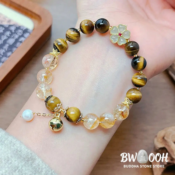 Buddha Stones Natural Tiger Eye Citrine Beads Flower Bell Courage Bracelet - BWOOOH - Tiger Eye Citrine(Wrist