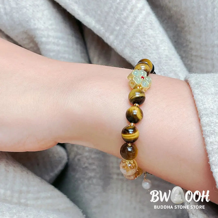 Buddha Stones Natural Tiger Eye Citrine Beads Flower Bell Courage Bracelet - BWOOOH - Tiger Eye Citrine(Wrist