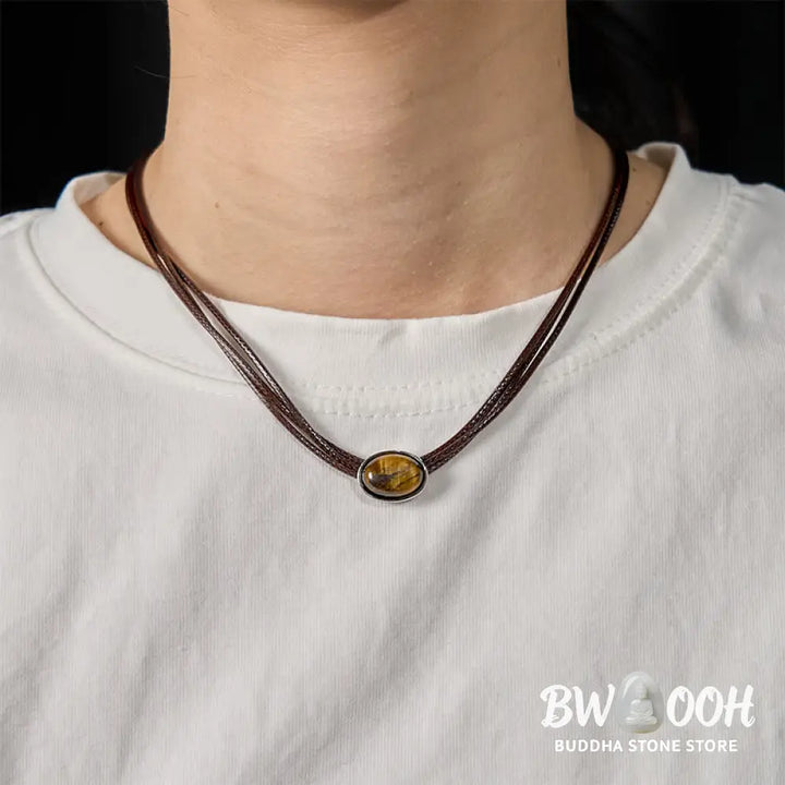 Buddha Stones Natural Tiger Eye Ellipse Protection Wax Rope Necklace Pendant - BWOOOH - Tiger Eye - Necklaces &amp; Pendants