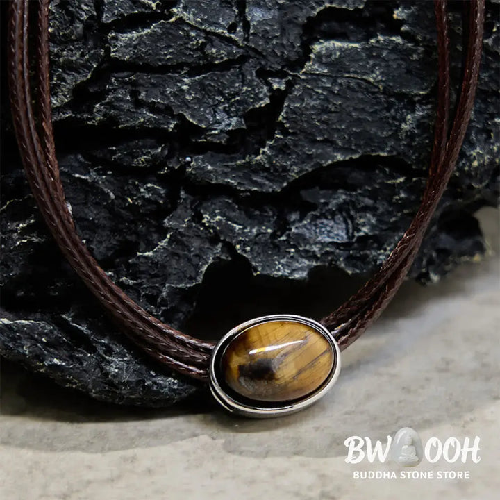 Buddha Stones Natural Tiger Eye Ellipse Protection Wax Rope Necklace Pendant - BWOOOH - Tiger Eye - Necklaces &amp; Pendants