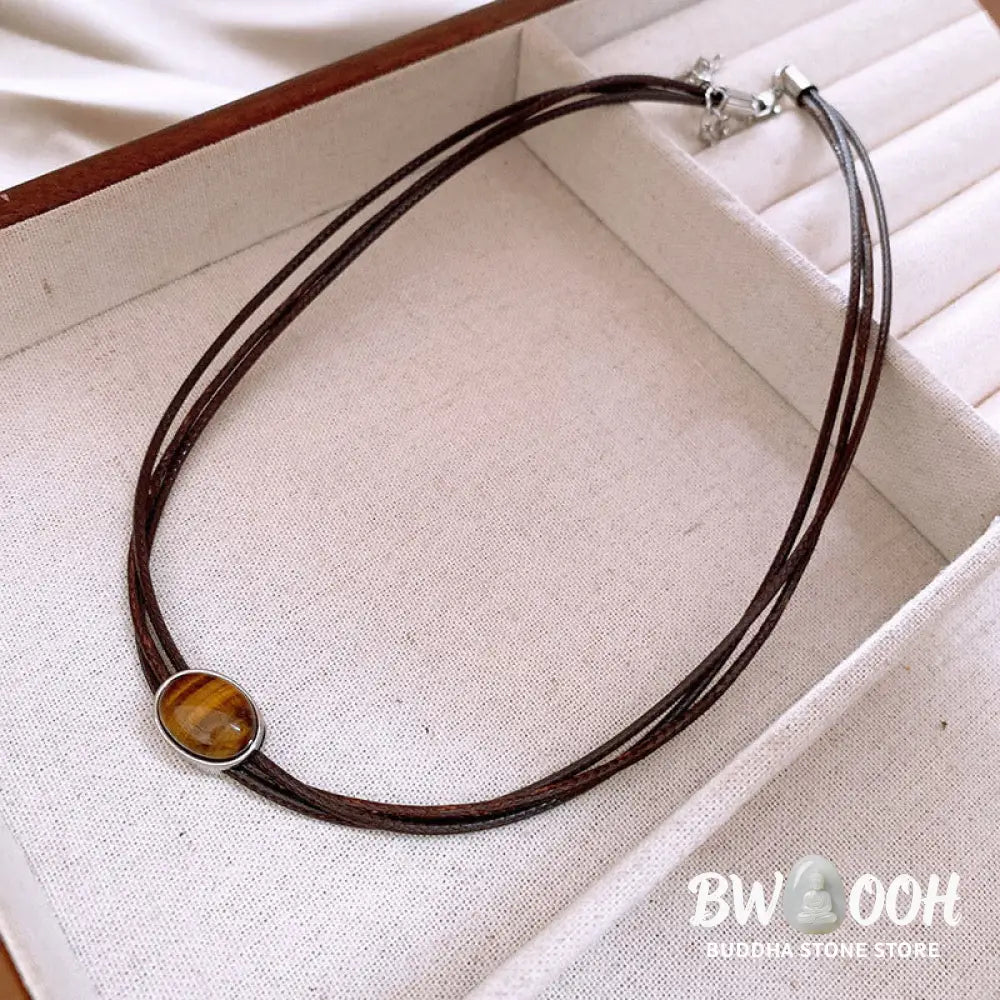 Buddha Stones Natural Tiger Eye Ellipse Protection Wax Rope Necklace Pendant - BWOOOH - Tiger Eye - Necklaces &amp; Pendants