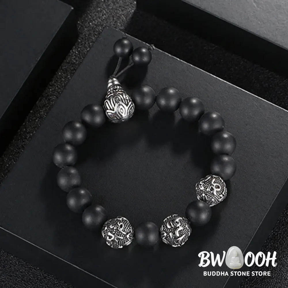 Buddha Stones Natural Tiger Eye Lava Rock Black Obsidian Titanium Steel Six-True-Words Om Mani Padme Hum Protection