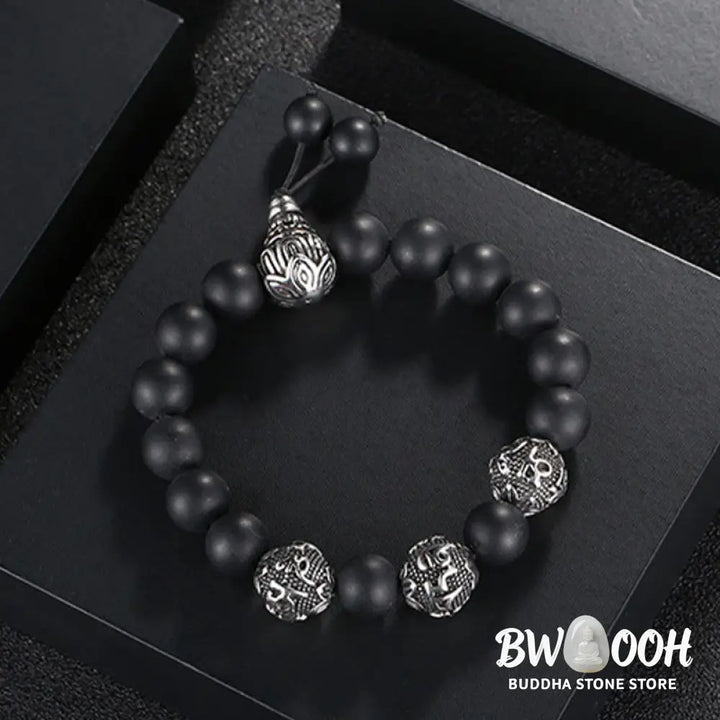 Buddha Stones Natural Tiger Eye Lava Rock Black Obsidian Titanium Steel Six-True-Words Om Mani Padme Hum Protection