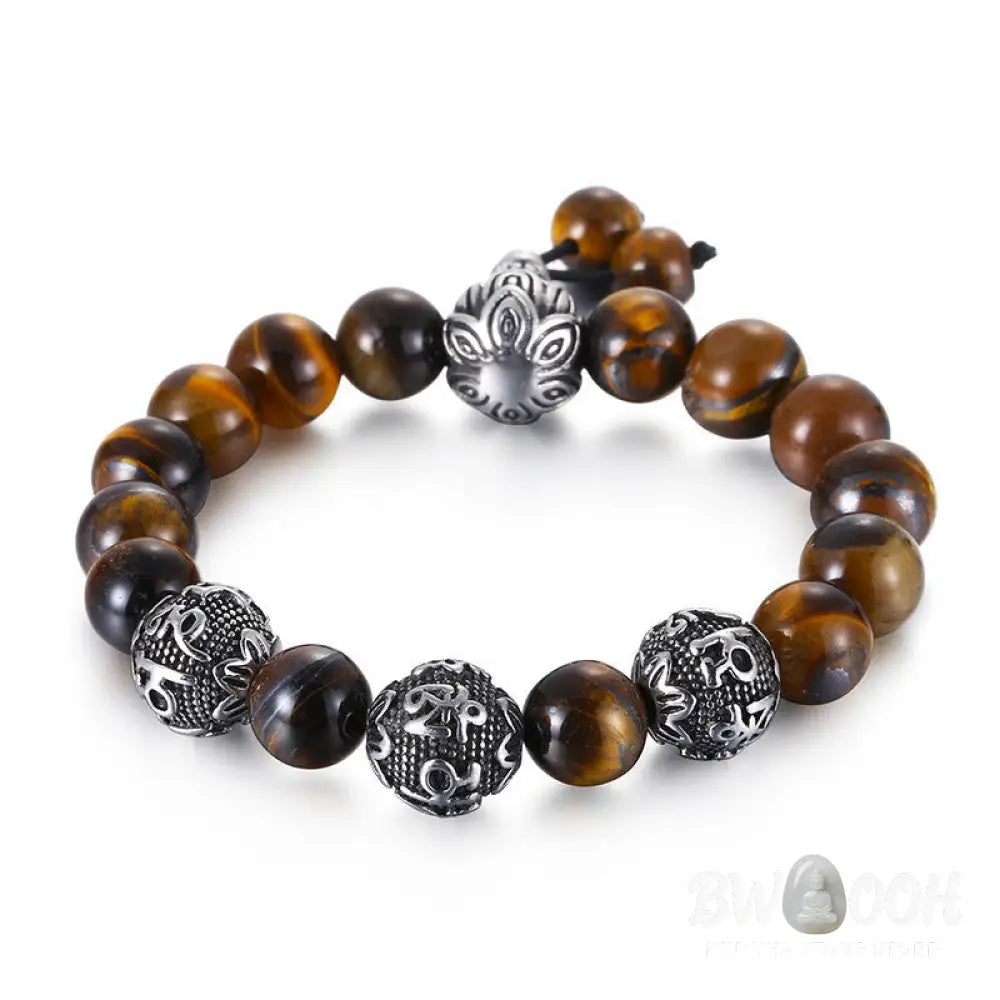 Buddha Stones Natural Tiger Eye Lava Rock Black Obsidian Titanium Steel Six-True-Words Om Mani Padme Hum Protection