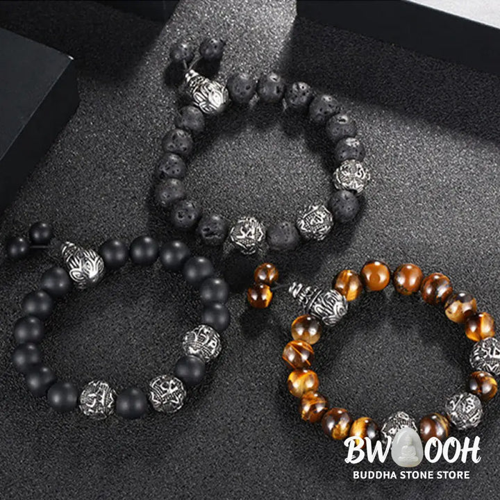 Buddha Stones Natural Tiger Eye Lava Rock Black Obsidian Titanium Steel Six-True-Words Om Mani Padme Hum Protection