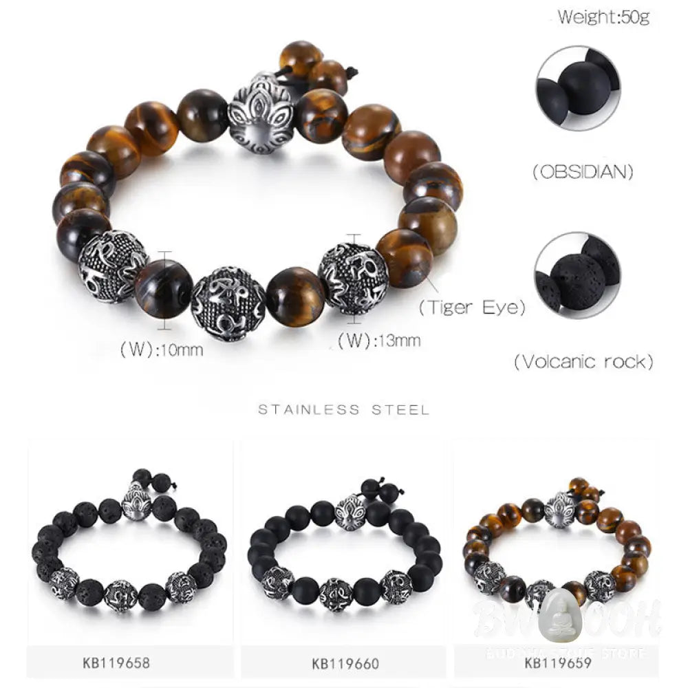 Buddha Stones Natural Tiger Eye Lava Rock Black Obsidian Titanium Steel Six-True-Words Om Mani Padme Hum Protection