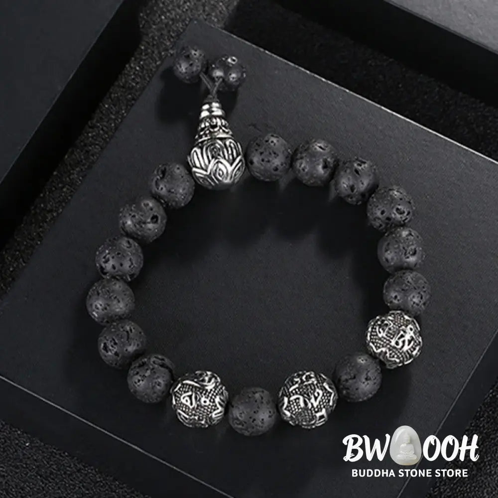 Buddha Stones Natural Tiger Eye Lava Rock Black Obsidian Titanium Steel Six-True-Words Om Mani Padme Hum Protection