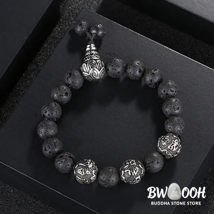 Buddha Stones Natural Tiger Eye Lava Rock Black Obsidian Titanium Steel Six-True-Words Om Mani Padme Hum Protection