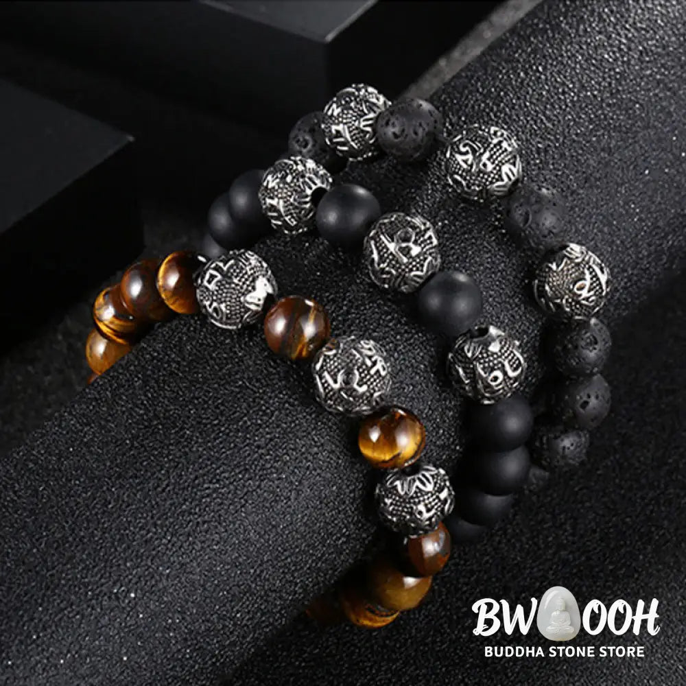 Buddha Stones Natural Tiger Eye Lava Rock Black Obsidian Titanium Steel Six-True-Words Om Mani Padme Hum Protection