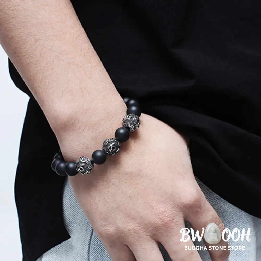 Buddha Stones Natural Tiger Eye Lava Rock Black Obsidian Titanium Steel Six-True-Words Om Mani Padme Hum Protection