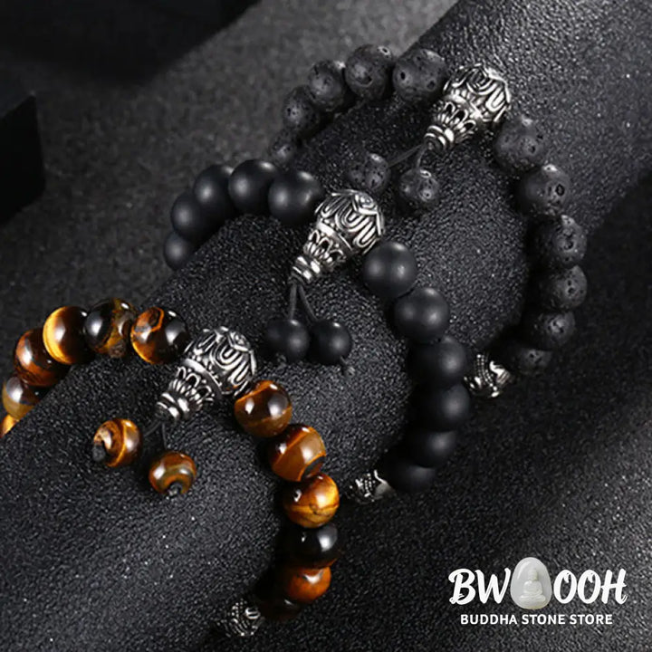 Buddha Stones Natural Tiger Eye Lava Rock Black Obsidian Titanium Steel Six-True-Words Om Mani Padme Hum Protection