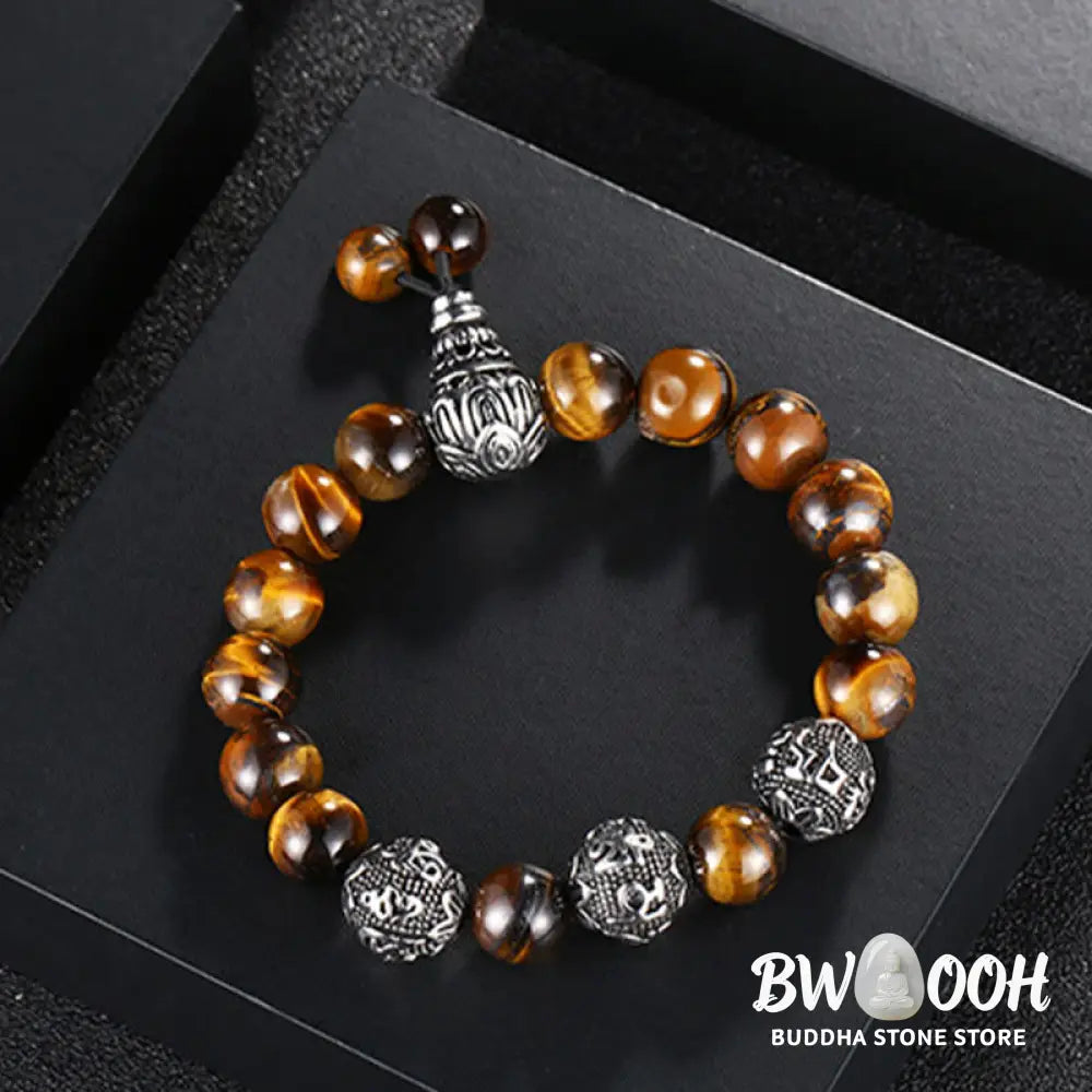 Buddha Stones Natural Tiger Eye Lava Rock Black Obsidian Titanium Steel Six-True-Words Om Mani Padme Hum Protection
