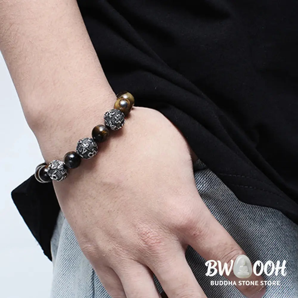 Buddha Stones Natural Tiger Eye Lava Rock Black Obsidian Titanium Steel Six-True-Words Om Mani Padme Hum Protection