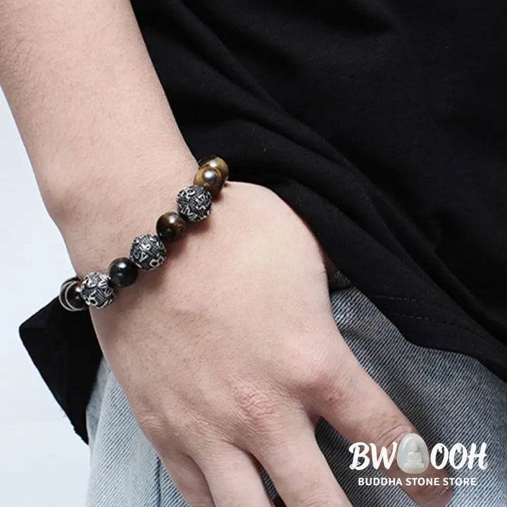 Buddha Stones Natural Tiger Eye Lava Rock Black Obsidian Titanium Steel Six-True-Words Om Mani Padme Hum Protection