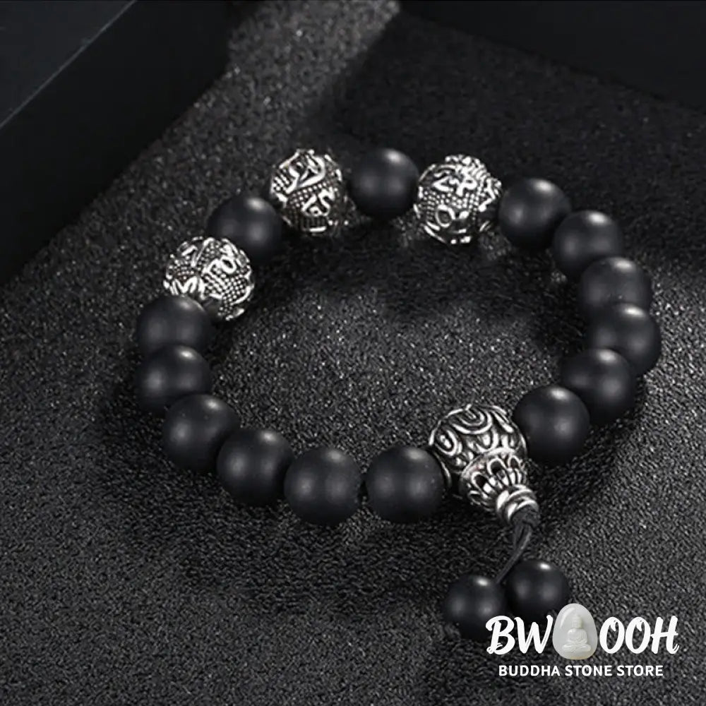 Buddha Stones Natural Tiger Eye Lava Rock Black Obsidian Titanium Steel Six-True-Words Om Mani Padme Hum Protection