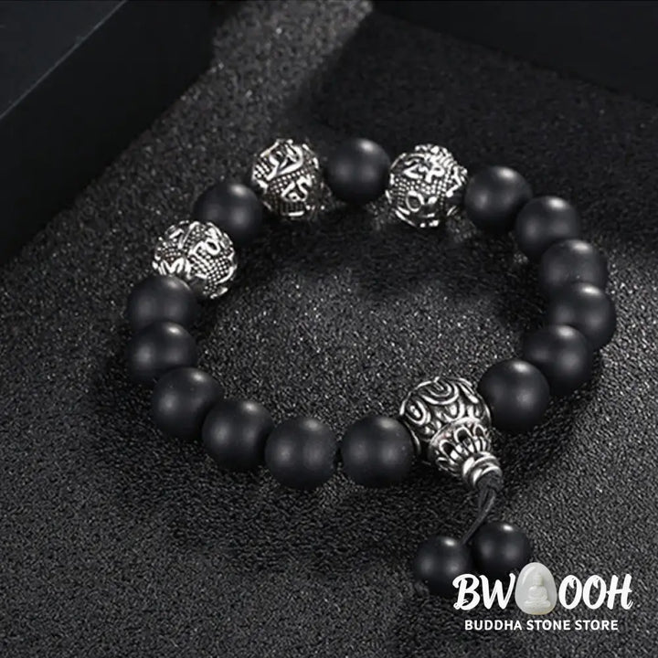Buddha Stones Natural Tiger Eye Lava Rock Black Obsidian Titanium Steel Six-True-Words Om Mani Padme Hum Protection