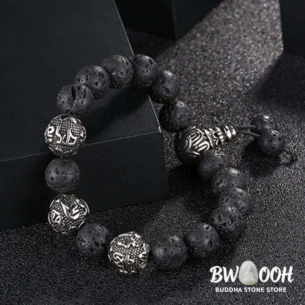 Buddha Stones Natural Tiger Eye Lava Rock Black Obsidian Titanium Steel Six-True-Words Om Mani Padme Hum Protection