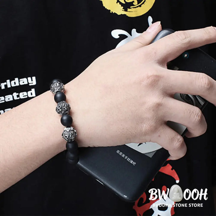 Buddha Stones Natural Tiger Eye Lava Rock Black Obsidian Titanium Steel Six-True-Words Om Mani Padme Hum Protection