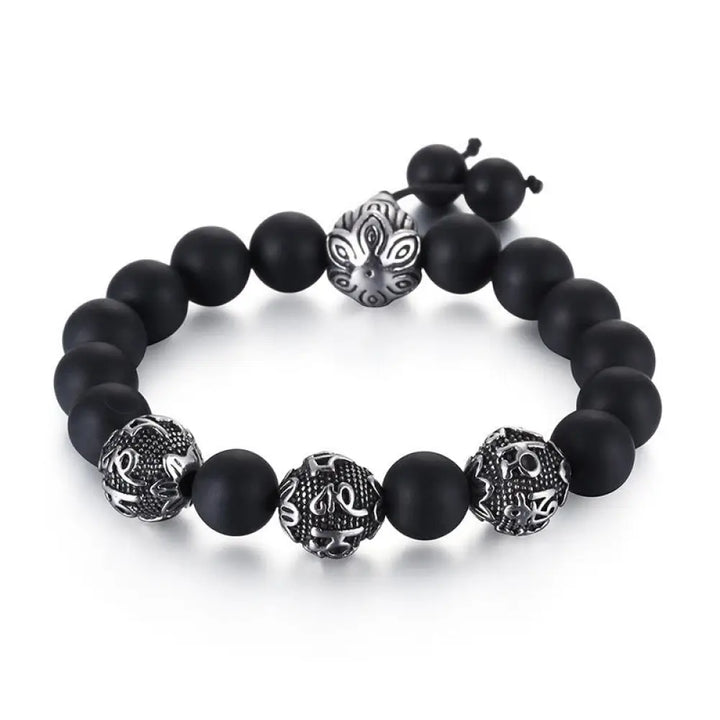 Buddha Stones Natural Tiger Eye Lava Rock Black Obsidian Titanium Steel Six-True-Words Om Mani Padme Hum Protection